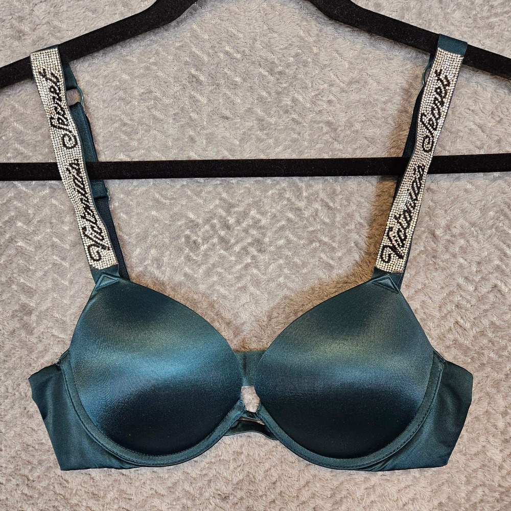 Victorias Secret Very Sexy Shine Strap Push-Up Bra Hunter Green Rhinestone Logo